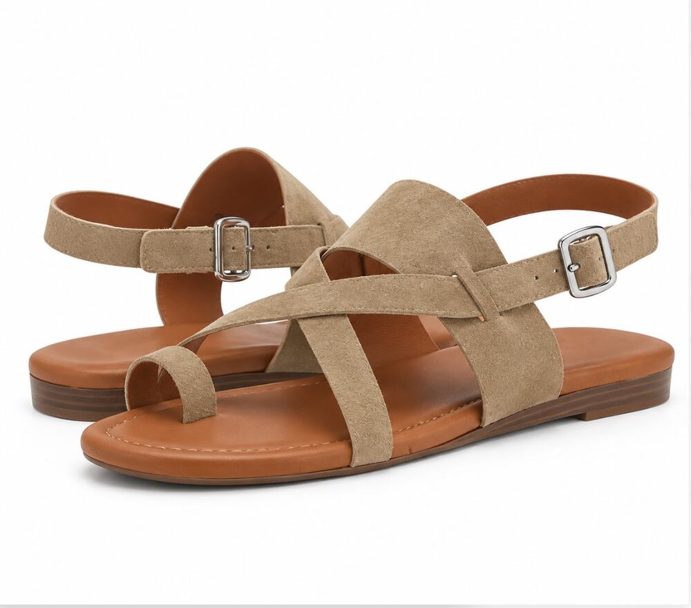 Franco Sarto Womens Gia Flat Sandals Size 7.5 M EU 38 Taupe Tan Suede NWOB